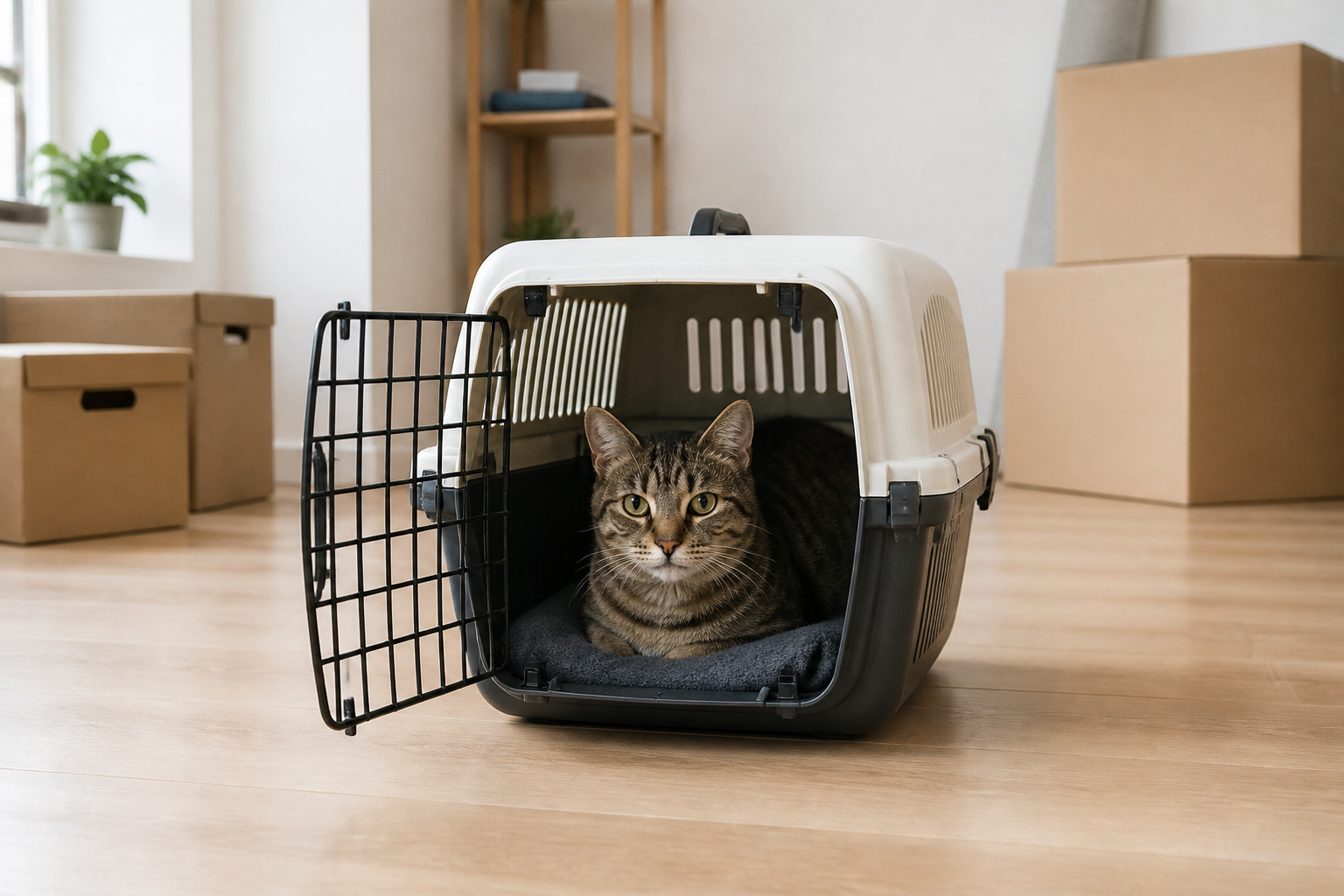 Een kat zit rustig in een stevige transportmand op een vertrouwde deken in een lichte kamer met enkele verhuisdozen op afstand. Geen leesbare tekst, geen herkenbare personen, rustige realistische fotografie.
