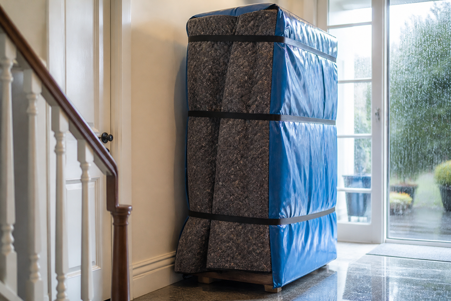 Realistische detailfoto van een grote houten kast die voor transport zorgvuldig is omwikkeld met een beschermende verhuisdeken en waterafstotende hoes. De kast staat in een lichte hal, met regen zichtbaar buiten door een raam. Geen tekst in beeld, geen herkenbare personen.