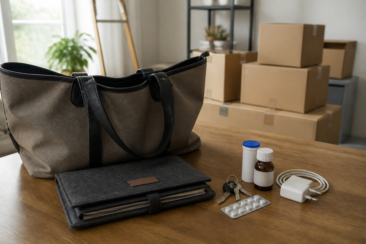 Realistische interieurfotografie van een stevige neutrale tas met een documentenmap, sleutels, medicijnen en een oplader op een tafel in een woning tijdens de verhuisvoorbereiding. Op de achtergrond staan enkele gesloten verhuisdozen. Geen leesbare tekst, geen herkenbare personen, rustige natuurlijke belichting.