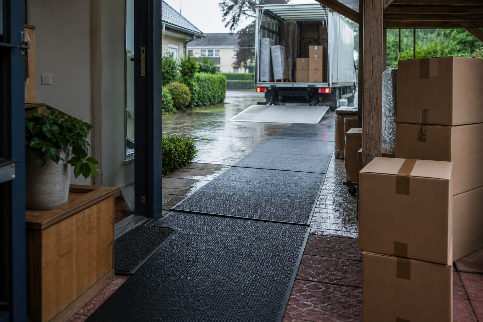 Realistische reportagefoto van een verhuisdag tijdens regen. Een droge looproute van stevige beschermmatten loopt vanaf de voordeur naar een verhuiswagen, met gesloten verhuisdozen onder een afdak. Geen leesbare tekst, geen herkenbare personen, natuurlijke en nuchtere sfeer.